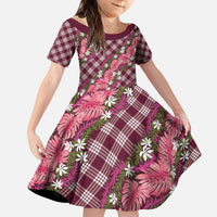 Polynesian Monstera Tiare Floral Family Matching Puletasi and Hawaiian Shirt Fuchsia Tropical Plaid - Polynesian Pride