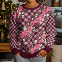 Polynesian Monstera Tiare Floral Kid Ugly Christmas Sweater Fuchsia Tropical Plaid LT01 - Polynesian Pride