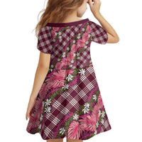 Polynesian Monstera Tiare Floral Kid Short Sleeve Dress Fuchsia Tropical Plaid LT01 - Polynesian Pride
