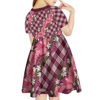 Polynesian Monstera Tiare Floral Kid Short Sleeve Dress Fuchsia Tropical Plaid LT01 - Polynesian Pride
