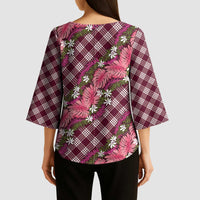 Polynesian Monstera Tiare Floral Kimono Sleeve Blouse Fuchsia Tropical Plaid LT01 - Polynesian Pride