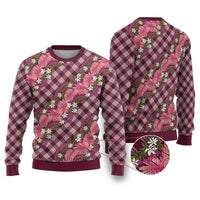 Polynesian Monstera Tiare Floral Ugly Christmas Sweater Fuchsia Tropical Plaid - Polynesian Pride