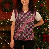 Polynesian Monstera Tiare Floral Christmas Knitted V-Neck Vest Fuchsia Tropical Plaid LT01 - Polynesian Pride
