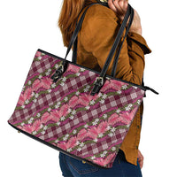 Polynesian Monstera Tiare Floral Leather Tote Bag Fuchsia Tropical Plaid - Polynesian Pride