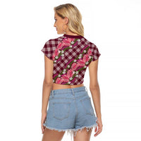 Polynesian Monstera Tiare Floral Raglan Cropped T Shirt Fuchsia Tropical Plaid LT01 - Polynesian Pride