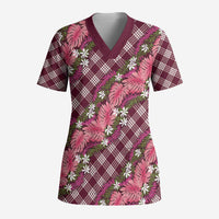 Polynesian Monstera Tiare Floral Scrub Top Fuchsia Tropical Plaid LT01 Adult Pink - Polynesian Pride