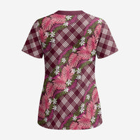 Polynesian Monstera Tiare Floral Scrub Top Fuchsia Tropical Plaid LT01 - Polynesian Pride