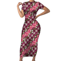 Polynesian Monstera Tiare Floral Short Sleeve Bodycon Dress Fuchsia Tropical Plaid LT01 Long Dress Pink - Polynesian Pride