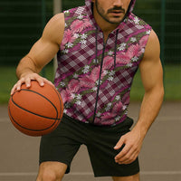 Polynesian Monstera Tiare Floral Sleeveless Zip Hoodie Fuchsia Tropical Plaid LT01 - Polynesian Pride