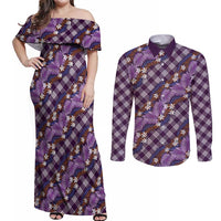 Polynesian Monstera Tiare Floral Couples Matching Off Shoulder Maxi Dress and Long Sleeve Button Shirt Lavender Tropical Plaid LT01 Purple - Polynesian Pride