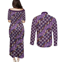 Polynesian Monstera Tiare Floral Couples Matching Puletasi and Long Sleeve Button Shirt Lavender Tropical Plaid LT01 - Polynesian Pride