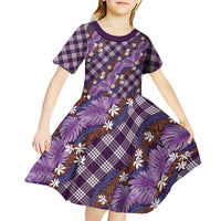 Polynesian Monstera Tiare Floral Kid Short Sleeve Dress Lavender Tropical Plaid LT01 - Polynesian Pride