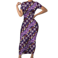 Polynesian Monstera Tiare Floral Short Sleeve Bodycon Dress Lavender Tropical Plaid LT01 Long Dress Purple - Polynesian Pride