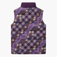 Polynesian Monstera Tiare Floral Sleeveless Puffer Jacket Lavender Tropical Plaid LT01 - Polynesian Pride