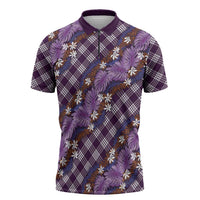 Polynesian Monstera Tiare Floral Zipper Polo Shirt Lavender Tropical Plaid LT01 Purple - Polynesian Pride