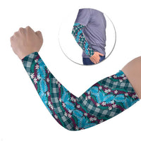 Polynesian Monstera Tiare Floral Arm Sleeves Dark Teal Tropical Plaid LT01 Set of 2 Teal - Polynesian Pride