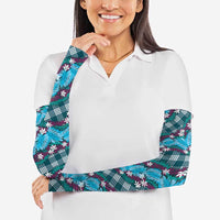 Polynesian Monstera Tiare Floral Arm Sleeves Dark Teal Tropical Plaid LT01 - Polynesian Pride