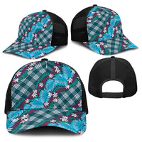 Polynesian Monstera Tiare Floral Baseball Net Cap Dark Teal Tropical Plaid LT01 - Polynesian Pride