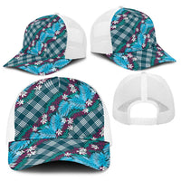 Polynesian Monstera Tiare Floral Baseball Net Cap Dark Teal Tropical Plaid LT01 - Polynesian Pride