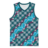 Polynesian Monstera Tiare Floral Basketball Jersey Dark Teal Tropical Plaid LT01 Unisex Teal - Polynesian Pride