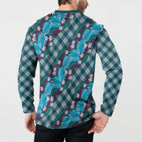 Polynesian Monstera Tiare Floral Button Sweatshirt Dark Teal Tropical Plaid LT01 - Polynesian Pride