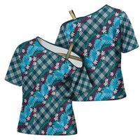Polynesian Monstera Tiare Floral Cross Shoulder Shirt Dark Teal Tropical Plaid LT01 - Polynesian Pride