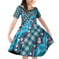 Polynesian Monstera Tiare Floral Family Matching Off Shoulder Short Dress and Hawaiian Shirt Dark Teal Tropical Plaid - Polynesian Pride