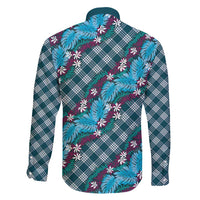 Polynesian Monstera Tiare Floral Family Matching Off Shoulder Short Dress and Hawaiian Shirt Dark Teal Tropical Plaid - Polynesian Pride