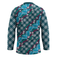 Polynesian Monstera Tiare Floral Hockey Jersey Dark Teal Tropical Plaid - Polynesian Pride