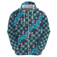 Polynesian Monstera Tiare Floral Hoodie Dark Teal Tropical Plaid - Polynesian Pride