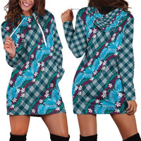 Polynesian Monstera Tiare Floral Hoodie Dress Dark Teal Tropical Plaid LT01 - Polynesian Pride