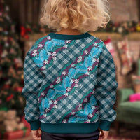 Polynesian Monstera Tiare Floral Kid Ugly Christmas Sweater Dark Teal Tropical Plaid LT01 - Polynesian Pride