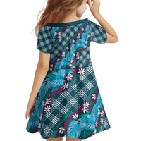Polynesian Monstera Tiare Floral Kid Short Sleeve Dress Dark Teal Tropical Plaid LT01 - Polynesian Pride