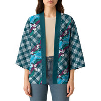 Polynesian Monstera Tiare Floral Kimono Dark Teal Tropical Plaid LT01 - Polynesian Pride