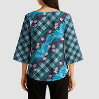Polynesian Monstera Tiare Floral Kimono Sleeve Blouse Dark Teal Tropical Plaid LT01 - Polynesian Pride