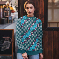 Polynesian Monstera Tiare Floral Ugly Christmas Sweater Dark Teal Tropical Plaid - Polynesian Pride
