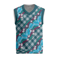 Polynesian Monstera Tiare Floral Christmas Knitted V-Neck Vest Dark Teal Tropical Plaid LT01 Teal - Polynesian Pride