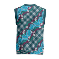 Polynesian Monstera Tiare Floral Christmas Knitted V-Neck Vest Dark Teal Tropical Plaid LT01 - Polynesian Pride