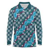 Polynesian Monstera Tiare Floral Long Sleeve Polo Shirt Dark Teal Tropical Plaid LT01 Teal - Polynesian Pride