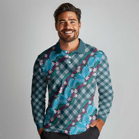 Polynesian Monstera Tiare Floral Long Sleeve Polo Shirt Dark Teal Tropical Plaid LT01 - Polynesian Pride