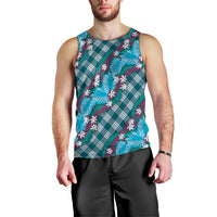 Polynesian Monstera Tiare Floral Men Tank Top Dark Teal Tropical Plaid LT01 - Polynesian Pride