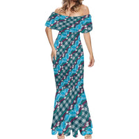 Polynesian Monstera Tiare Floral Mermaid Dress Dark Teal Tropical Plaid LT01 - Polynesian Pride