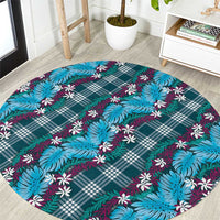 Polynesian Monstera Tiare Floral Round Carpet Dark Teal Tropical Plaid - Polynesian Pride