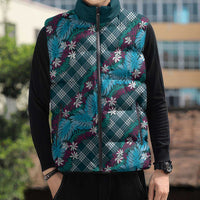 Polynesian Monstera Tiare Floral Sleeveless Puffer Jacket Dark Teal Tropical Plaid LT01 - Polynesian Pride