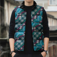 Polynesian Monstera Tiare Floral Sleeveless Puffer Jacket Dark Teal Tropical Plaid LT01 - Polynesian Pride