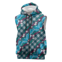 Polynesian Monstera Tiare Floral Sleeveless Zip Hoodie Dark Teal Tropical Plaid LT01 Teal - Polynesian Pride