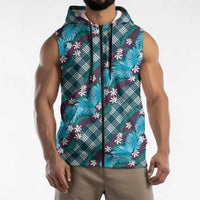 Polynesian Monstera Tiare Floral Sleeveless Zip Hoodie Dark Teal Tropical Plaid LT01 - Polynesian Pride