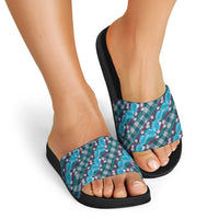 Polynesian Monstera Tiare Floral Slide Sandals Dark Teal Tropical Plaid - Polynesian Pride