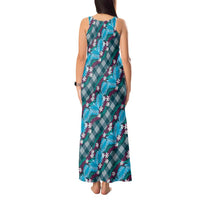 Polynesian Monstera Tiare Floral Tank Maxi Dress Dark Teal Tropical Plaid LT01 - Polynesian Pride