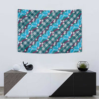 Polynesian Monstera Tiare Floral Tapestry Dark Teal Tropical Plaid - Polynesian Pride